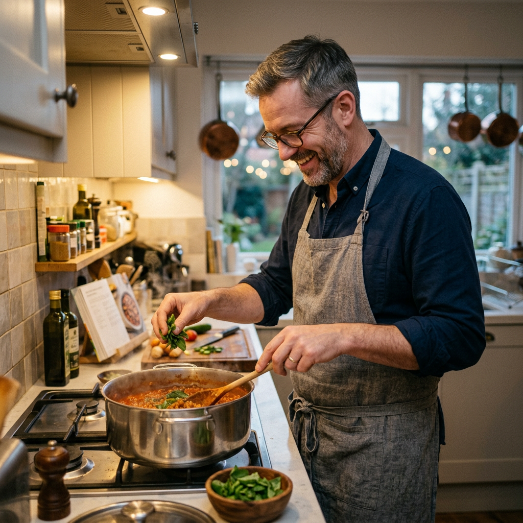 Man adding fresh basil to a simmering pot of sauce on a stove