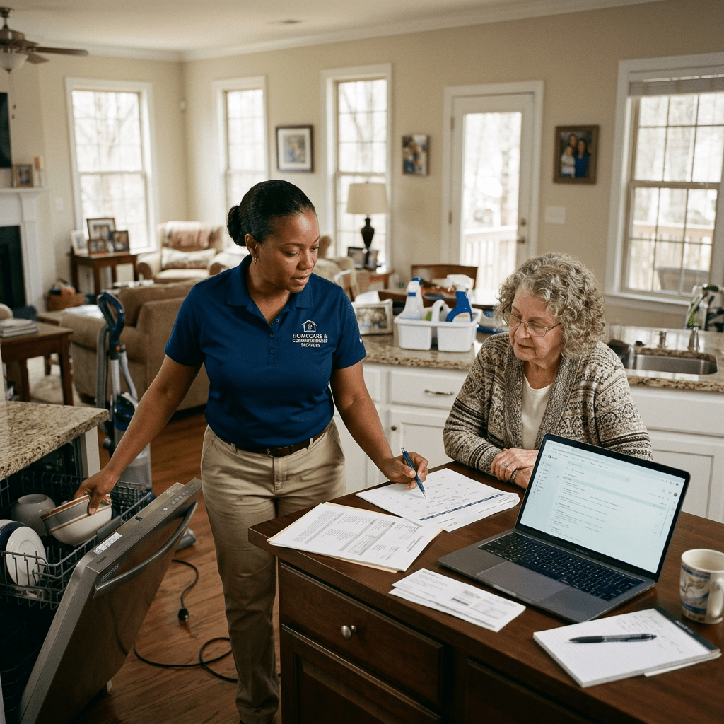 Home care worker discussing schedule with elderly woman at kitchen table with laptop and paperwork