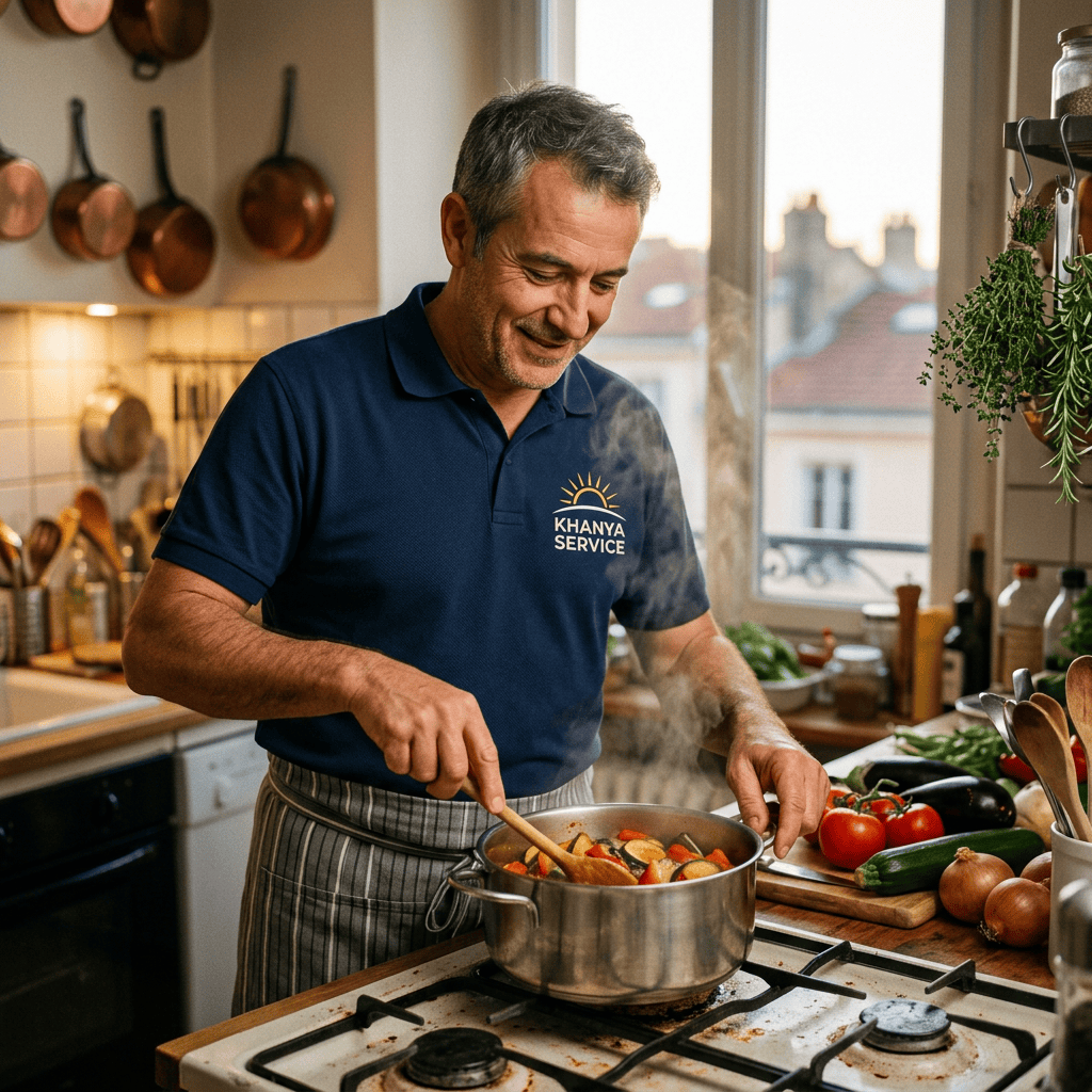 Man stirring steaming vegetable stew in a pot on stove
